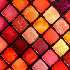 Fototapeta premium vibrant palette of colorful makeup shades in warm tones, featuring glitter and matte textures