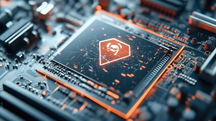 Fototapeta premium Shattered computer screen reflecting skull warning amidst wires and circuits.