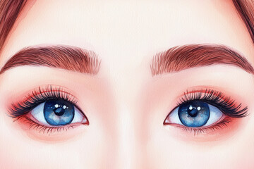 Obraz premium Close up watercolor illustration of blue eyes with soft makeup and defined brows