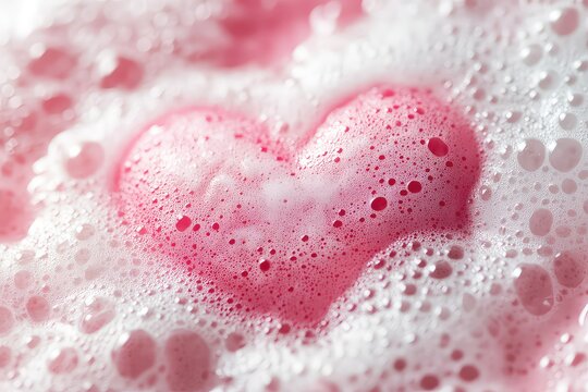 . Close-up photo of cosmetic foam featuring a neatly drawn heart on its bubbly surface, creating a romantic touch.