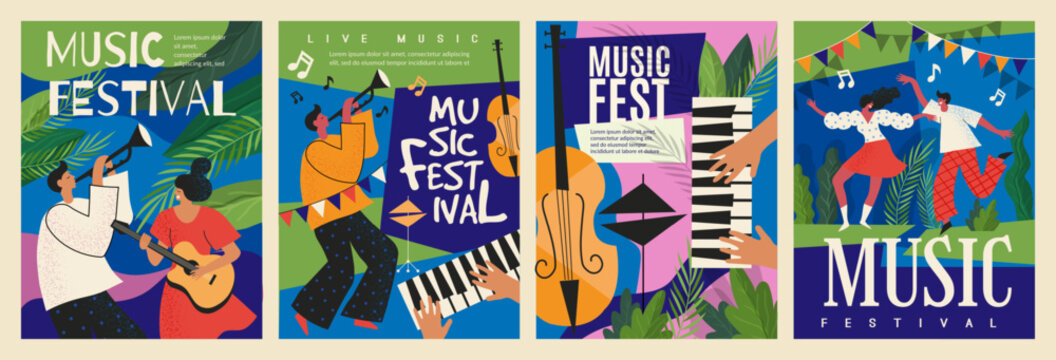 Music posters. Dancing people. Musicians with guitars and trumpets. June festival. Musical concert. Abstract nature art. Summer party banners design. Spring flowers. Vector holiday invitations set