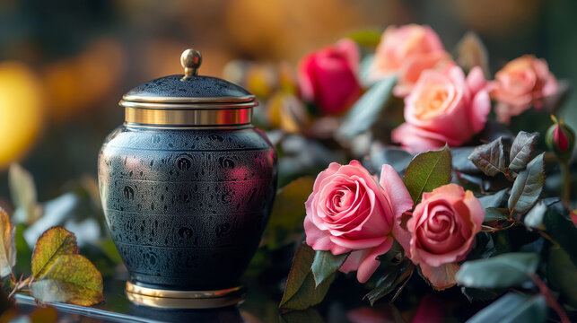 Crematorium and columbarium urns, funeral vector poster. Burial urn, cremation, funeral service, interment ceremony. Rose wreath and container for columbarium graveyard, mortuary ritual