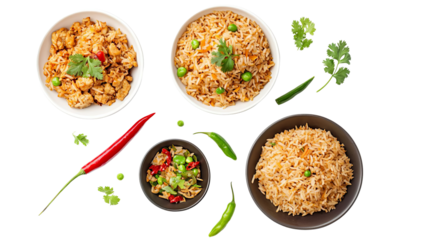A colorful display of various rice dishes garnished with herbs and peppers on a white background.