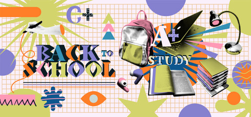 Back to school background. Education banner. Collage art. Student sticker paper. Book open design. Textbook and backpack. University study. Career and learning. Vector halftone contemporary banner