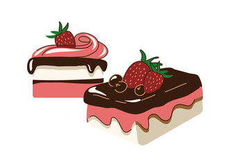 Bakery cake. Sweet dessert. Glazed biscuit with strawberry. Chocolate topping. Sugar cream. Pastry cooking. Fruit souffle piece. Cocoa icing. Holiday pie. Patisserie food. Vector yummy confectionery