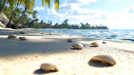 Serene beach scene with shells and palm trees under a sunny sky.