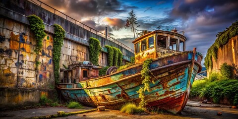 Obraz premium Abandoned Fishing Boat in Urban Decay - Grungy Coastal Scene