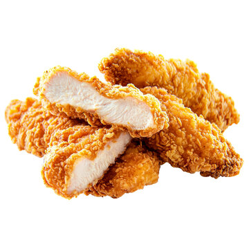 Delicious crispy fried chicken tenders stacked on a white background.
