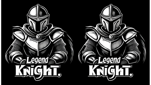 Tshirt print with knight and sword, vector mockup medieval warrior mascot in helmet, cape and armour. Monochrome apparel design with legend knight typography, isolated t shirt print, emblem or label