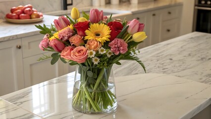 Spring colorful bouquet in glass transparent vase on kitchen table
