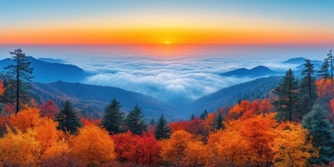 Fototapeta premium Beautiful mountain views in the rainy season, green vegetation covers the hills and a sea of ​​mist rises from the valley