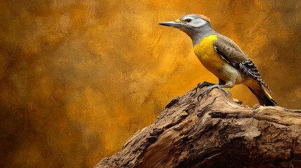 Photo of a grey-headed woodpecker perched on an old tree branch, its grey and yellow plumage contrasting with the brown background. 