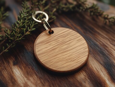 Circular Wooden Keychain on Rustic Wooden Table with Greenery