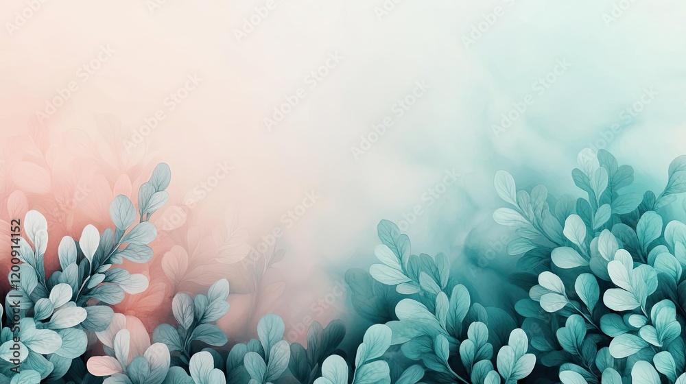 Poster ethereal watercolor concept. a serene abstract background featuring lush green leaves with a gentle 