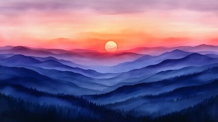 Fototapeta premium Dreamy February sunset with gentle hills painted in watercolor strokes