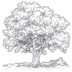 Majestic Oak Tree Sketch, Nature Illustration, Field Background, Design Element