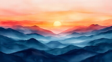 Obraz premium Dreamy February sunset with gentle hills painted in watercolor strokes