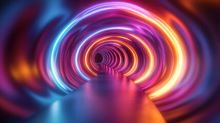 Obraz premium A colorful tunnel with neon lights. The tunnel is long and narrow, and the lights are bright and colorful.