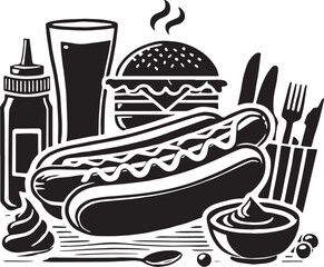 Black Color Hot Dog Silhouette Vector Illustration, Solid White Background