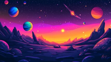 Mesmerizing Cosmic Landscape with Glowing Planets and Comets in Vibrant Hues