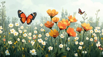 Vibrant Spring Meadow with Blooming Flowers and Fluttering Butterflies