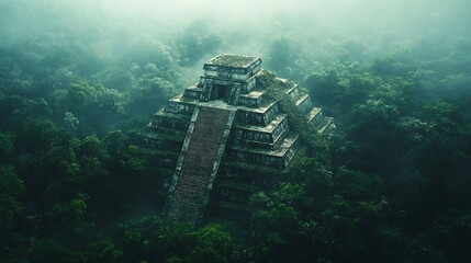Majestic Mayan Pyramid Emerges from Lush Jungle Overgrowth in Misty Atmospheric Scene
