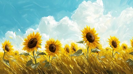 Sunflower field swaying in the gentle summer breeze under a bright blue sky with fluffy white clouds