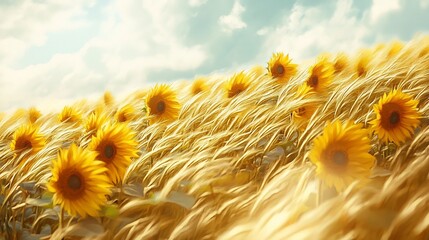 Vibrant Sunflower Field Under Bright Summer Sky with Swaying Breeze