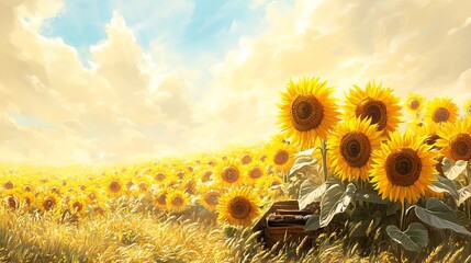 Sunflower Field Swaying Under Bright Summer Sky in Tranquil Countryside Landscape
