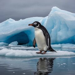 Obraz premium A pair of penguins waddling side by side on a snowy iceberg, their black and white bodies contrasting with the icy blue surroundings.
