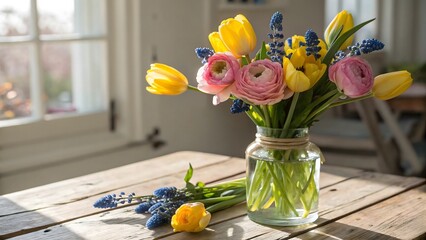 A bouquet of roses and tulips in a jar on a sunlit table.