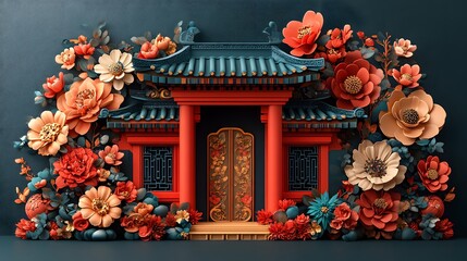 Fototapeta premium Intricate 3D vector Chinese New Year design with colorful floral arrangements and cultural symbols