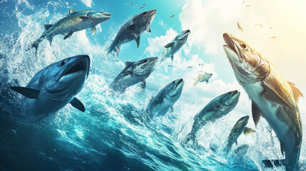 Fishing sport posters and banners templates of sea fishes. Vector set of ocean marlin, salmon or trout and mackerel, bream or navaga and flounder or tuna for fisherman trip or fisher big catch