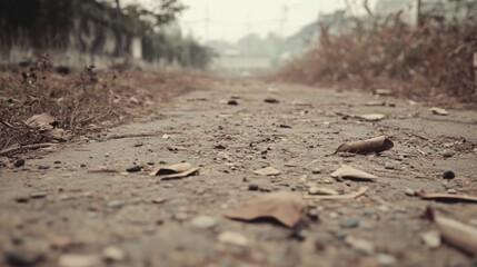 A deserted, leaf-strewn path vanishes into a hazy distance.