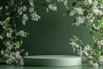 A 3D podium with a subtle green background, framed by delicate blossoms and foliage for a minimalist summer vibe.