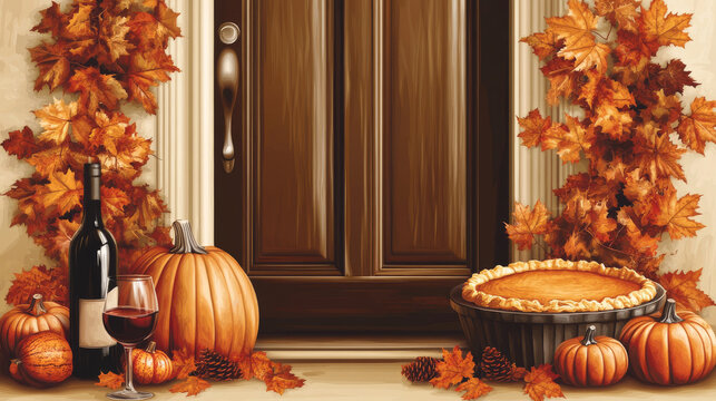 Thanksgiving day greeting posters of turkey and wine, fruit pie, pumpkin or corn, maple leaf or oak acorn on pilgrim hat. Vector Thanksgiving cornucopia harvest for traditional thankful holiday.