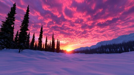 Vibrant sunset over a snowy landscape with tall evergreen trees.