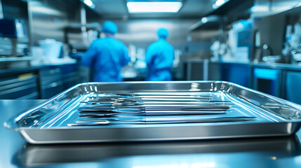 A sterile tray neatly arranged with surgical instruments on a shiny stainless steel table in a hospital operating room