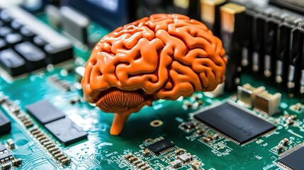 Brain model on a circuit board, symbolizing technology and cognition.