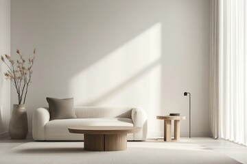 A minimalist living room with a focus on clean lines, neutral colors, and functional furniture. 