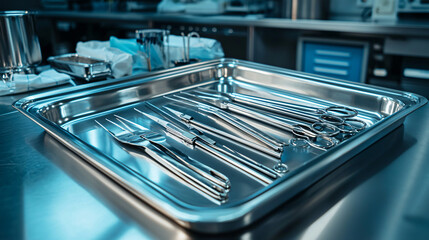 A sterile tray neatly arranged with surgical instruments on a shiny stainless steel table in a hospital operating room