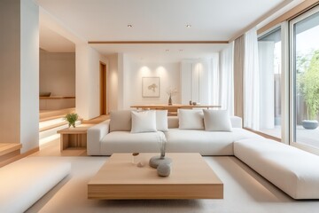 A minimalist living room with a focus on clean lines, neutral colors, and functional furniture.
