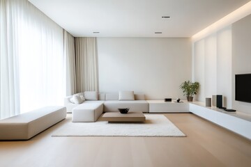Fototapeta premium A minimalist living room with a focus on clean lines, neutral colors, and functional furniture. Opt for a monochromatic palette, seamless storage solutions,