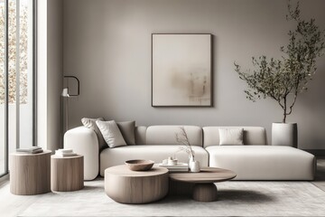 A minimalist living room with a focus on clean lines, neutral colors, and functional furniture. 