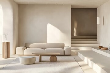A minimalist living room with a focus on clean lines, neutral colors, and functional furniture. 