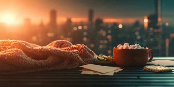 Cozy balcony with city skyline, hot cocoa, and casual notes at sunset