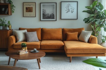 Light brown velvet L-shaped sofa with wooden sideboard and coffee table on white carpet, framed pictures, and small plant for minimalist home decor.