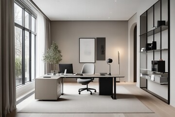 Fototapeta premium A minimalist office with a focus on clean lines, neutral colors, and functional furniture. Opt for a monochromatic palette, seamless storage solutions, and minimalistic decor accents.