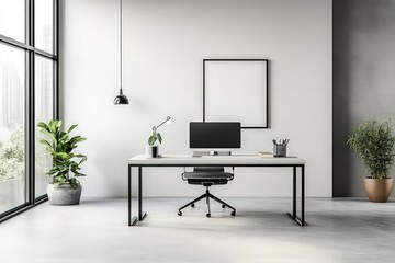 A minimalist office with a focus on clean lines, neutral colors, and functional furniture. Opt for a monochromatic palette, seamless storage solutions, and minimalistic decor accents.