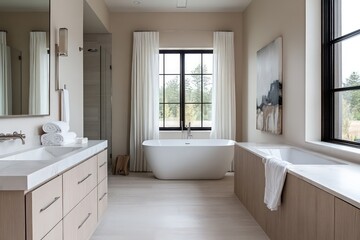 Fototapeta premium A modern bathroom with sleek fixtures, neutral colors, and minimalist decor. Focus on clean lines, large windows for natural light, and integrated storage solutions. Incorporate contemporary art 